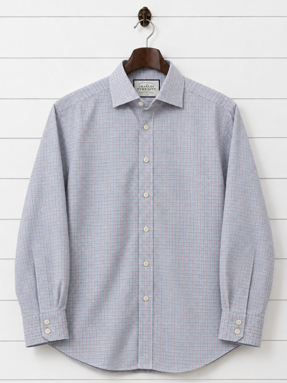 Charles Tyrwhitt Men's 16/35 Slim Fit Non-Iron Check Dress Shirt Blue Pink White